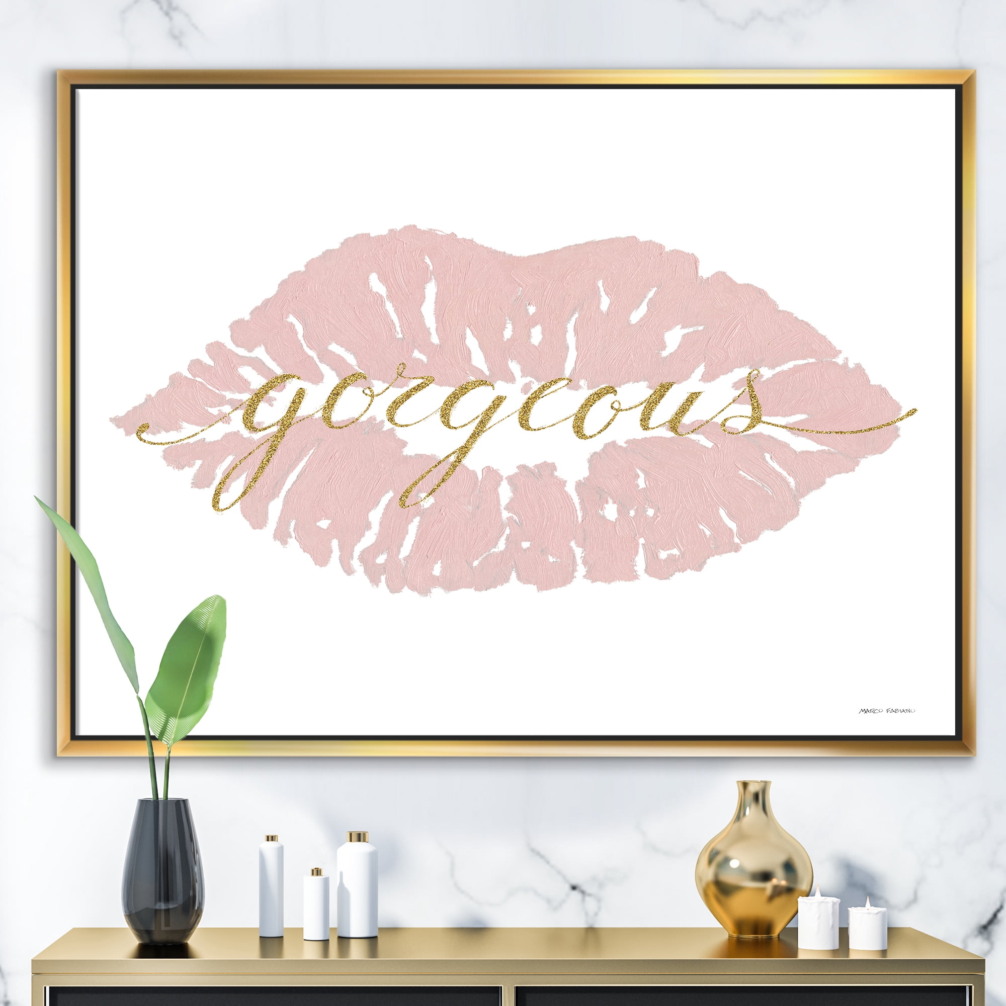 Designart ' fashion Glam Lips on Gold II ' Posh & Luxe Framed Canvas