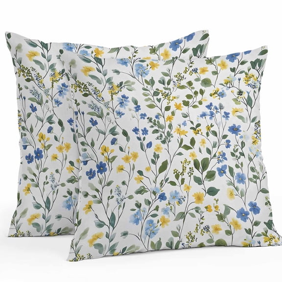 Throw Pillow Covers 18x18 Inch Set of 2, Elegant Blue Yellow Spring Floral Waterproof Outdoor Pillow Covers, Summer Botanical Green Decorative Cushion Pillowcases for Couch, Sofa, Bed, Garden, Patio