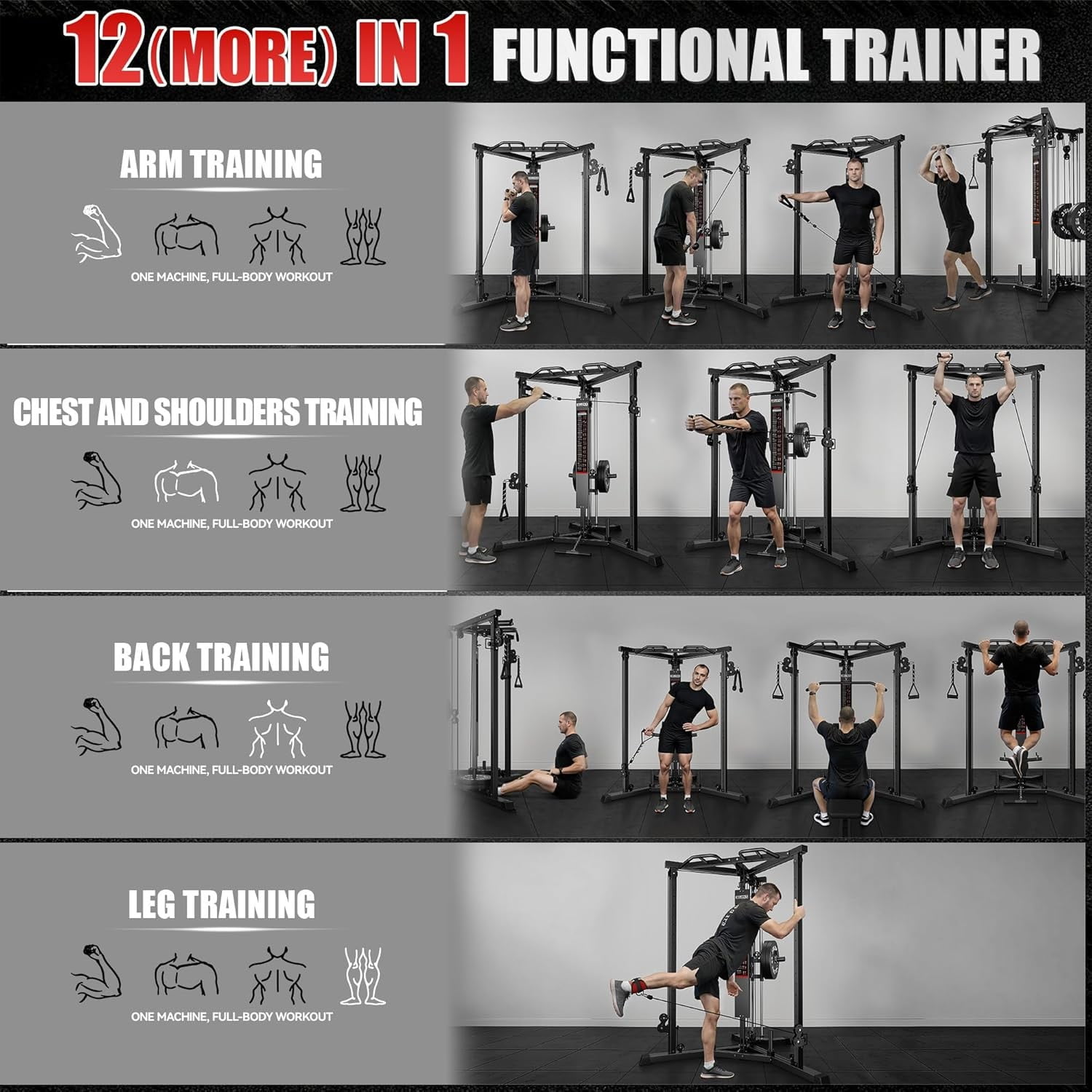 Power Cage with Cable Crossover System,Functional Trainer with High and Low Pulley System for Chest Fly, Power Rack with LAT Pulldown and Seated Cable Row for Home Gym,Black