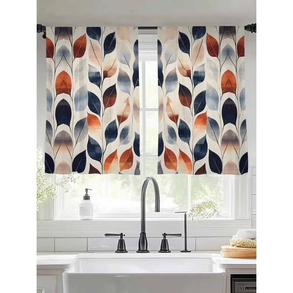 Navy Blue Burnt Orange Botanical Sheer Curtains for Living Room Bedroom Vintage Leaves Sheer Curtains 45 Inch Long 2 Panels Set Light Filtering Curtain Window Treatments Drapes for Dining Room