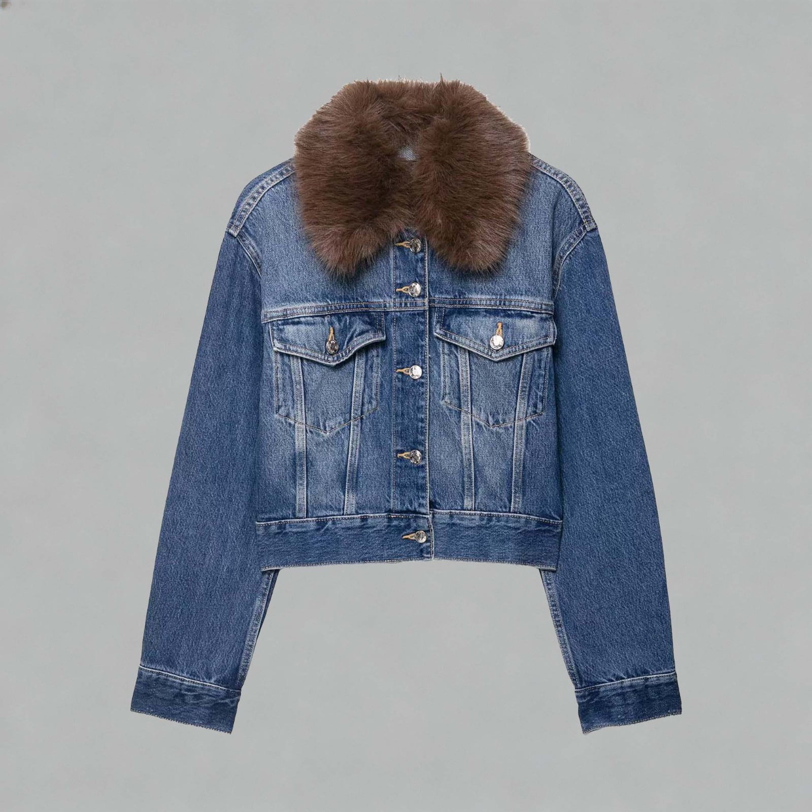 Oksale Cropped Jean Jacket for Women Faux Fur Collar Button Denim Jacket with Pockets Loose Long Sleeve Outerwear Streetwear Fashion Clothing Blue L