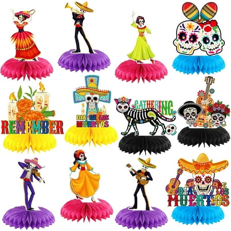 12 Pieces Day of The Dead Party Decorations Honeycomb Centerpieces Dia De Los Muertos Table Decorations Sugar Skull Guitar Table Topper for Halloween Mexican Day of The Dead Party Favors