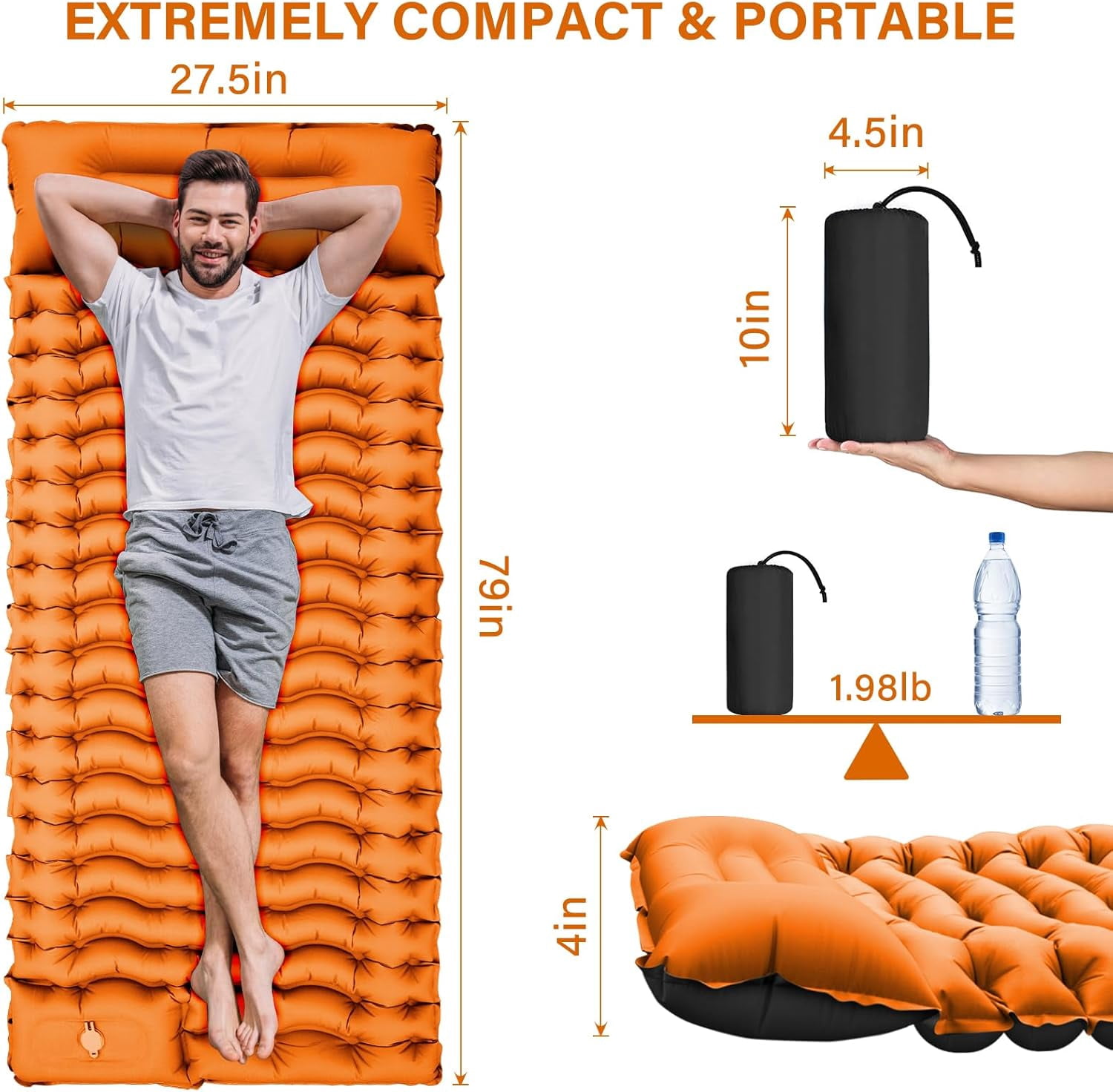 Double Sleeping Pad for Camping- Self Inflating 4" Extra-Thick with Pillow Built-in Foot Pump Inflatable Sleeping Mat for Backpacking, Hiking, Traveling, Tent, Portable Camping Mat