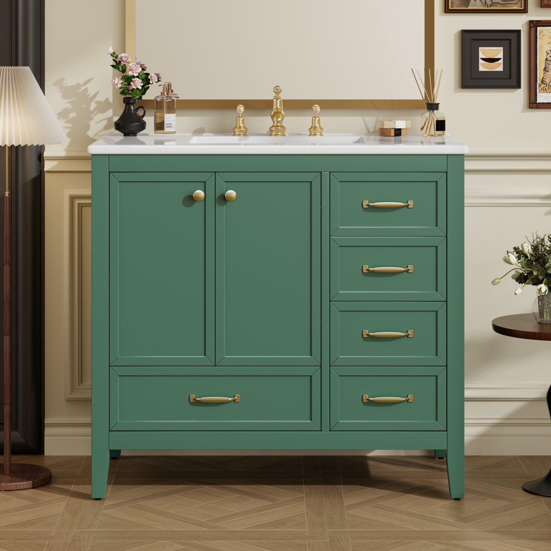 36" Bathroom Vanity with Sink Combo, Freestanding Bathroom Storage Cabinet with 4 Drawers and 2 Soft Closing Doors, Solid Wood Frame, Green