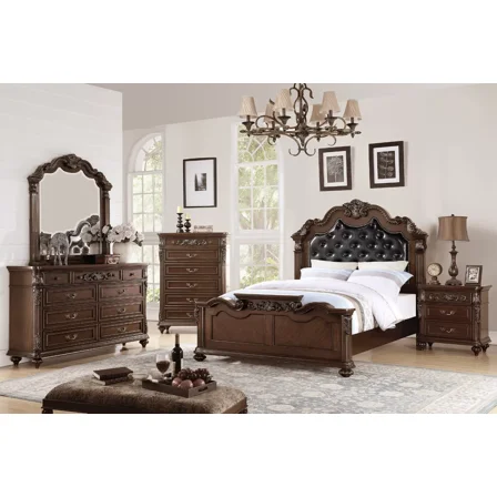 Traditional Beautiful 6pcs Bedroom Set Tufted HB King Size Bed Dresser Mirror Nightstand Chest Antique Cherry