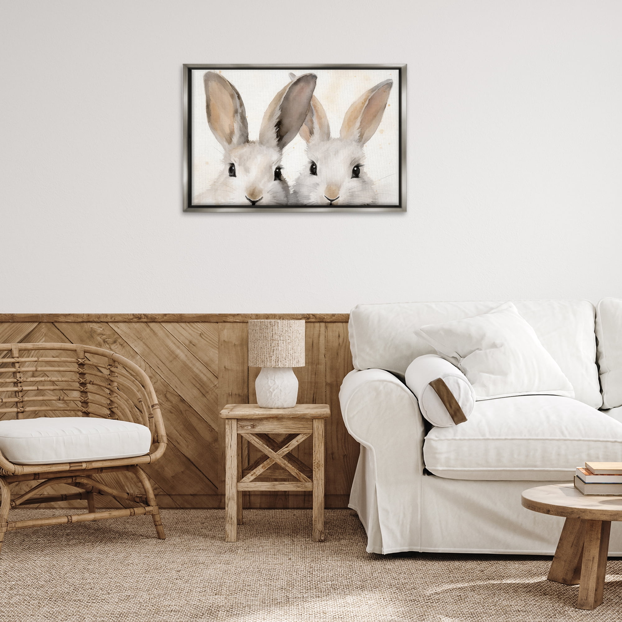 Stupell Industries Two Peeking Rabbits Animals & Insects Painting Gray Floater Framed Canvas Art Print Wall Art, 31 x 21