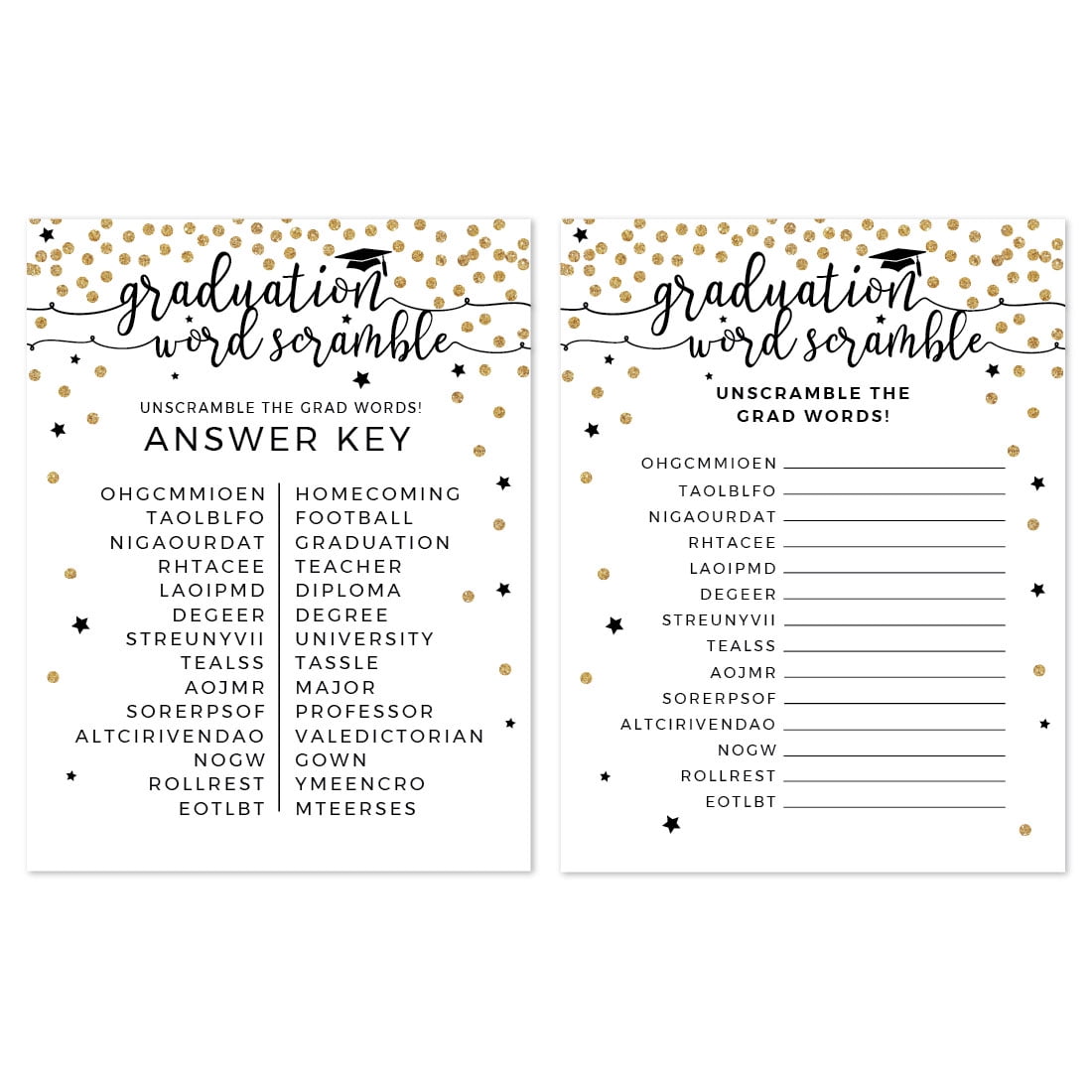 White and Gold Glittering Graduation, Word Scramble Game Cards, 20Pack