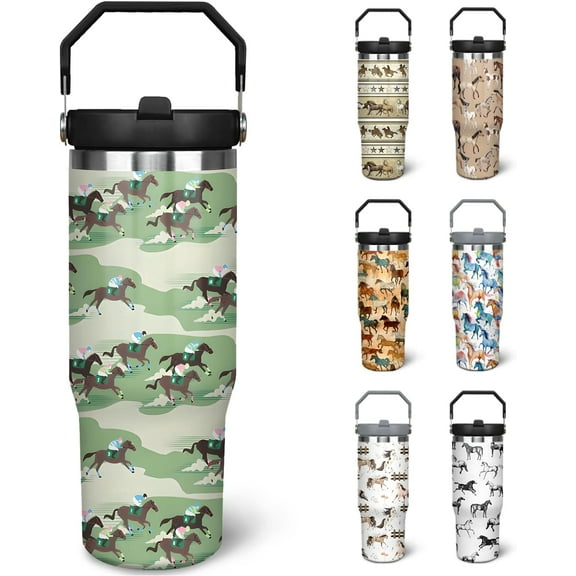 30 oz Horse Tumbler With Handle and Straw, 30oz Camo Horse Flip Straw Tumbler Insulated Coffee Travel Mugs Cup Water Bottle Horse Gifts for Horse Lovers Women Girls