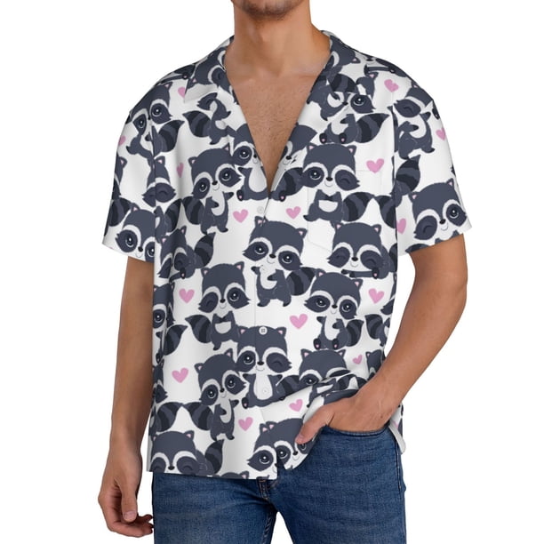 Balery Cartoon Raccoon Camisa Casual de Manga Corta con Botones para Hombre, Texturizada, Estilo Cubano, para Playa, Verano-Medium