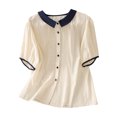 thumbnail image 2 of Busydd Womens Tops Dressy Casual Colorblock Patchwork Summer Tops Trendy Round Neck Short Sleeve Cotton Linen Shirts Comfortable Button Women Blouses XL, 2 of 8