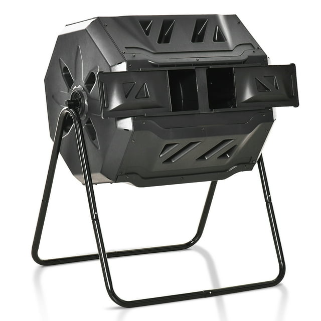 Outsunny 43 Gallon (160L) Tumbling Compost Bin Outdoor Dual Chamber 360° Rotating Composter with Sliding Doors, Solid Steel Frame and Gloves, Black