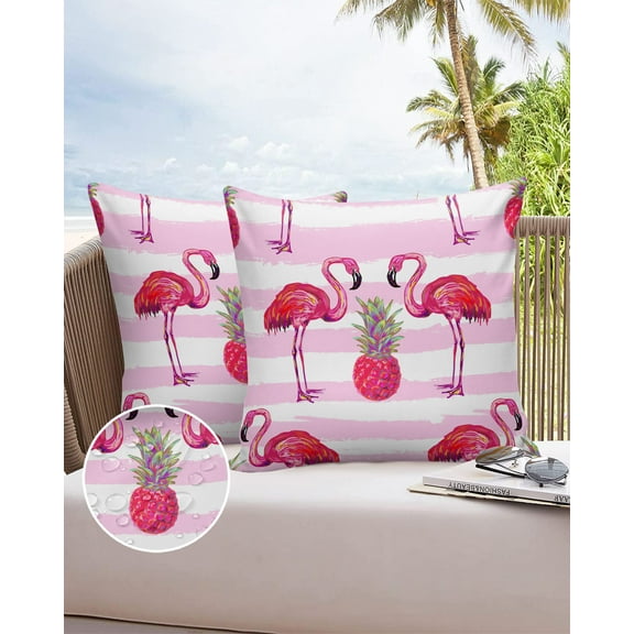 Outdoor Throw Pillow Cover Watercolor Flamingo and Pineapple Waterproof Cushion Covers 2 Pack Pink White Stripe Pillow Cases Home Decoration for Patio Garden Couch Sofa