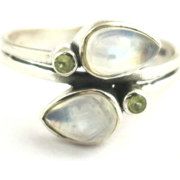 925 Sterling Silver Rainbow Moonstone with Peridot, Handmade Pear Ring, Birthday Gift