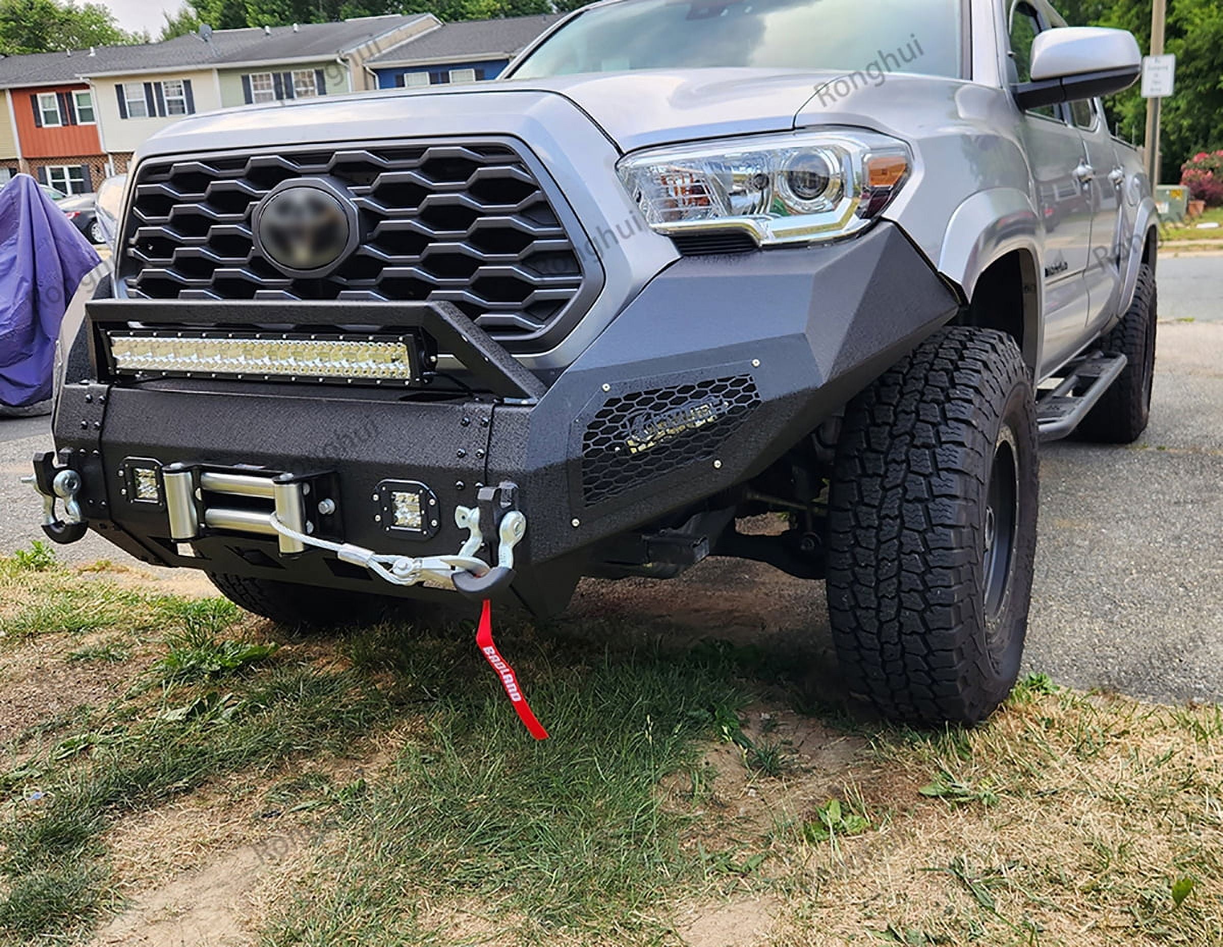 Vijay Compatible with 2016-2017-2018-2019-2020-2021-2022-2023 Toyota Tacoma Front Bumper Textured Black Steel with Lights and D-rings