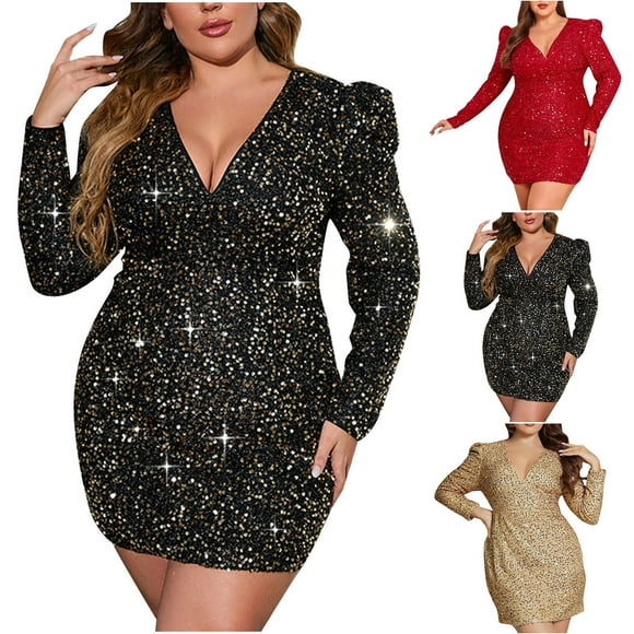 Gspmoly Plus Size Dresses for Curvy Women, Womens Oversized Evening Dress V-Neck Sleeves Sky Sequin Dress Cocktail Dress up to 70% Off