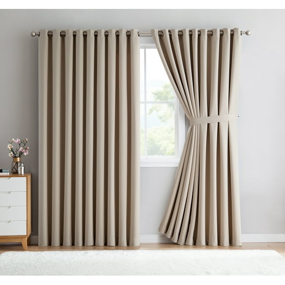 DecoSource - 2 Wall-to-Wall Blackout Grommet Curtains Panels - 132 Inch Long with Tiebacks - Total Size 216 Inch Wide (108 Each Panel) - Solid Thermal Insulated 108" x 132", Ivory