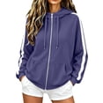 thumbnail image 2 of Zip Up Hoodie for Women Long Sleeve Drawstring Oversized Sweatshirt Jacket Side White Stripe Sweatshirts Navy 2XL, 2 of 8