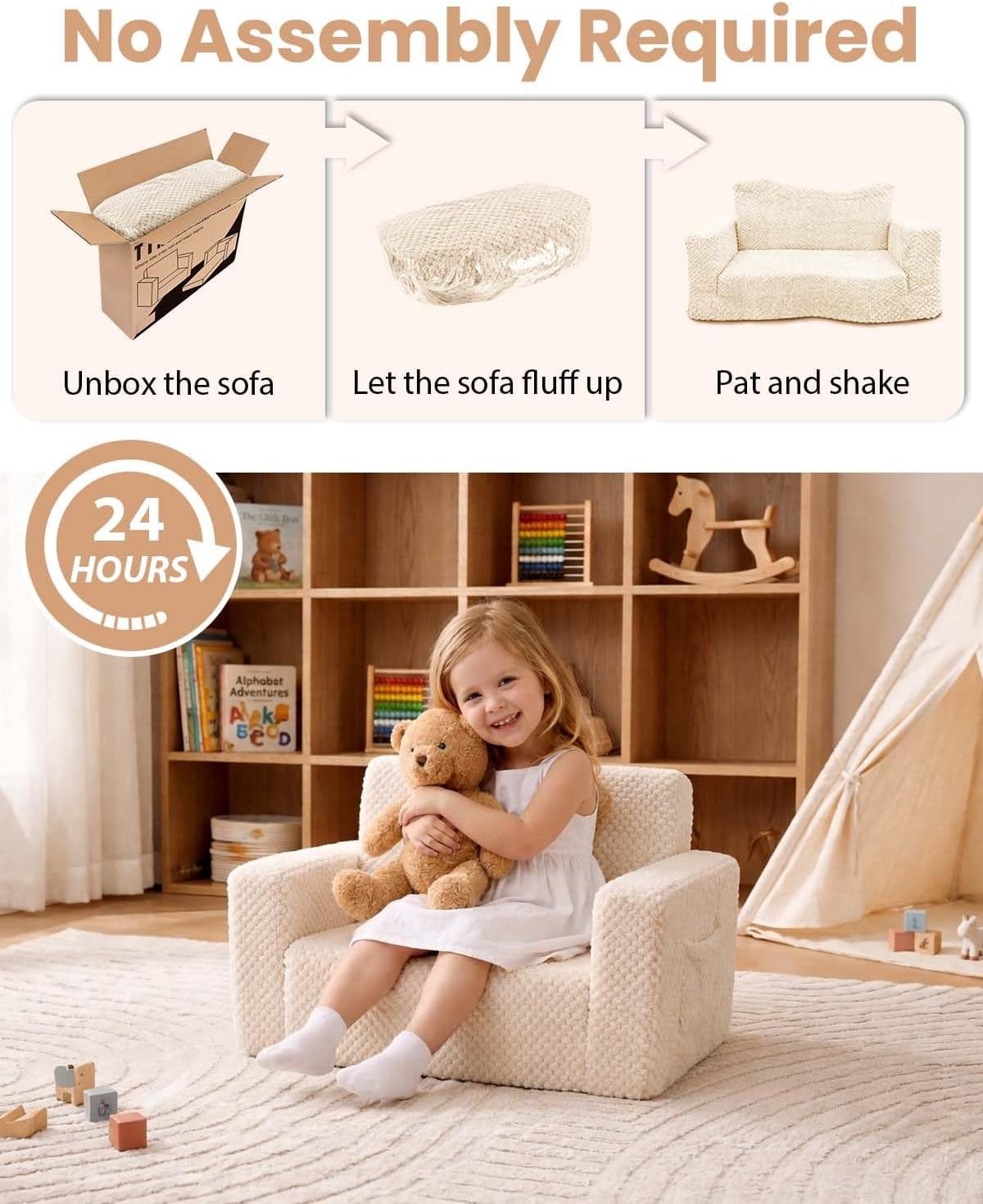 Beavtaens Foldable Toddler Couch with Soft Sherpa Cover, 2-in-1 Comfy Toddler Sofa & Lounger for 1-3 Years Old Girls Boys, Kids Chair with Pockets & Handle for Reading, Playroom, Beige