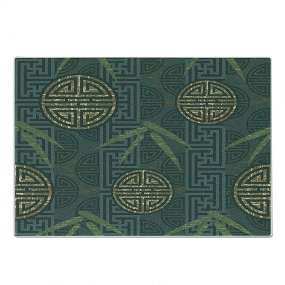 Bamboo Print Cutting Board, Style Composition Oriental Motifs Leaves Eastern Elements, Decorative Tempered Glass Cutting and Serving Board, Small Size, Teal Ivory Tan, by Ambesonne