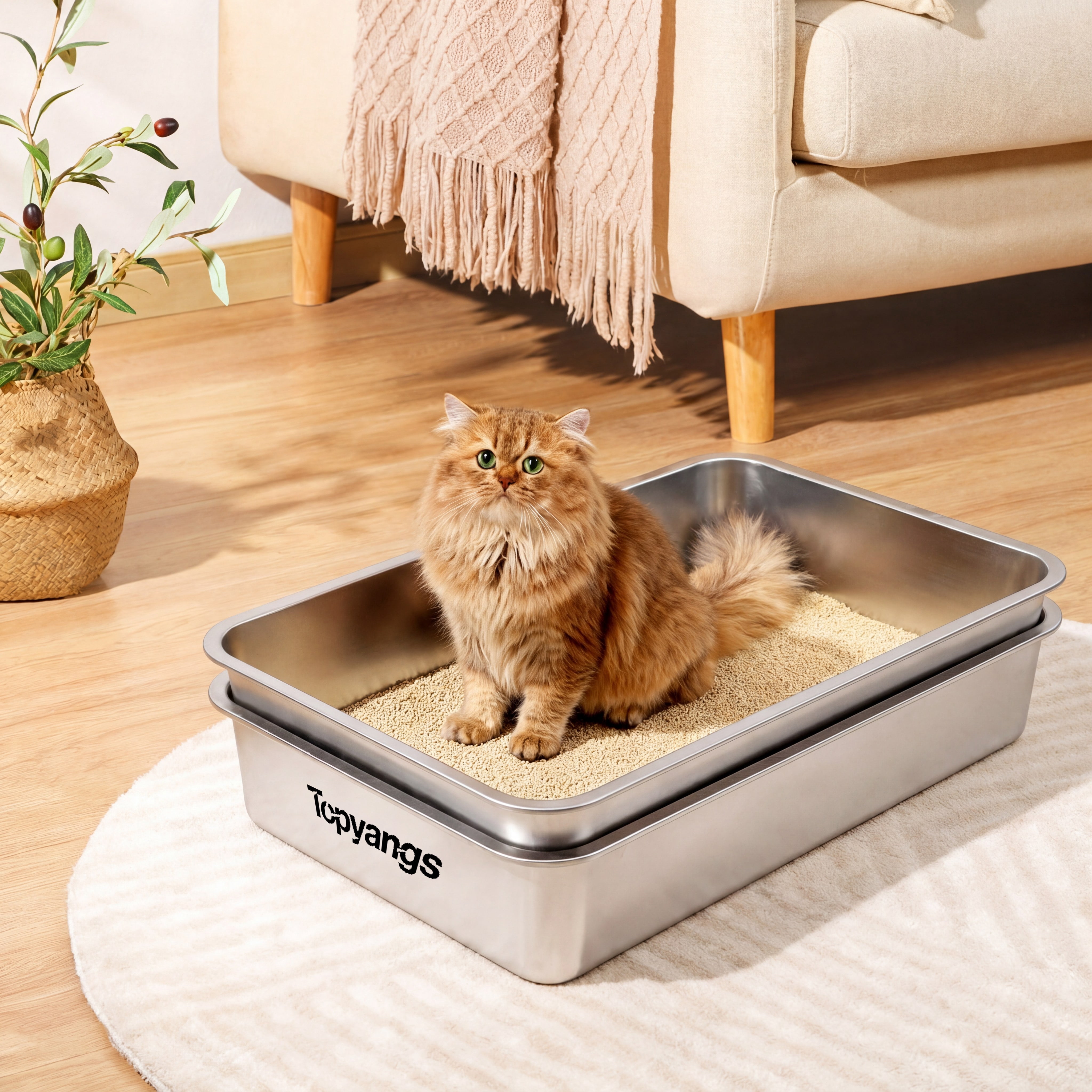 Topyangs Extra Large Stainless Steel Sifting Cat Litter Box, Silver