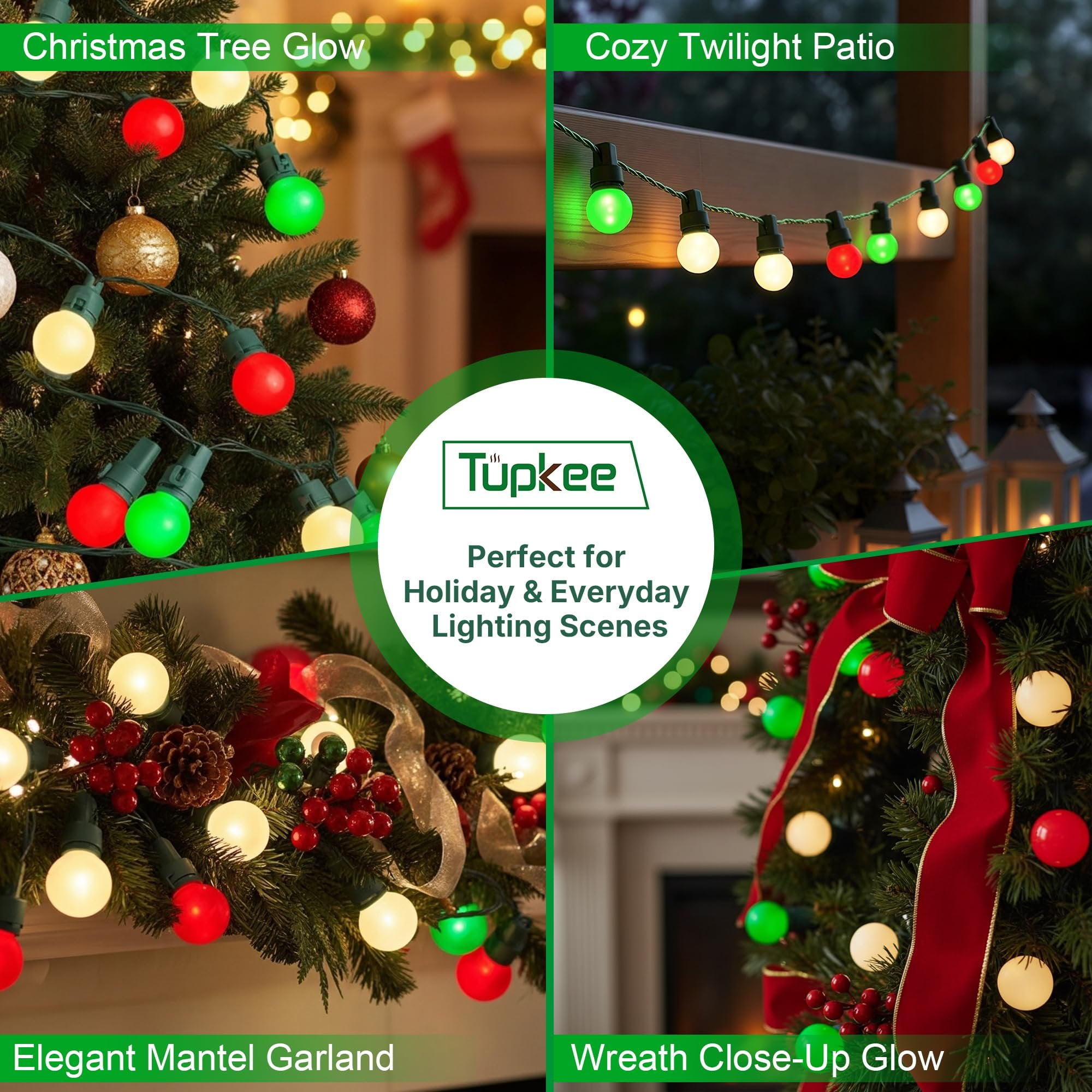Tupkee Pearlized Glass Mini Globe Lights Set - 70 G15 Red, Green & Warm-White LED Bulbs - Indoor Outdoor - 25.3 Feet Pearl Berry Mini Globe Round Bulb Light String, Christmas Tree Holiday Lights