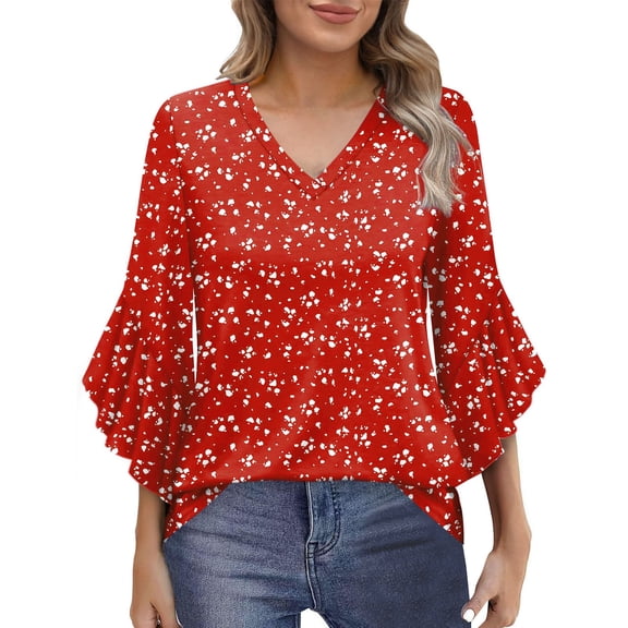 Shirts for Women Ruffle Floral Printed 3/4 Sleeved V-Neck Business Work Blouses Spring Summer Trendy Loose Fit Dressy Casual Tops
