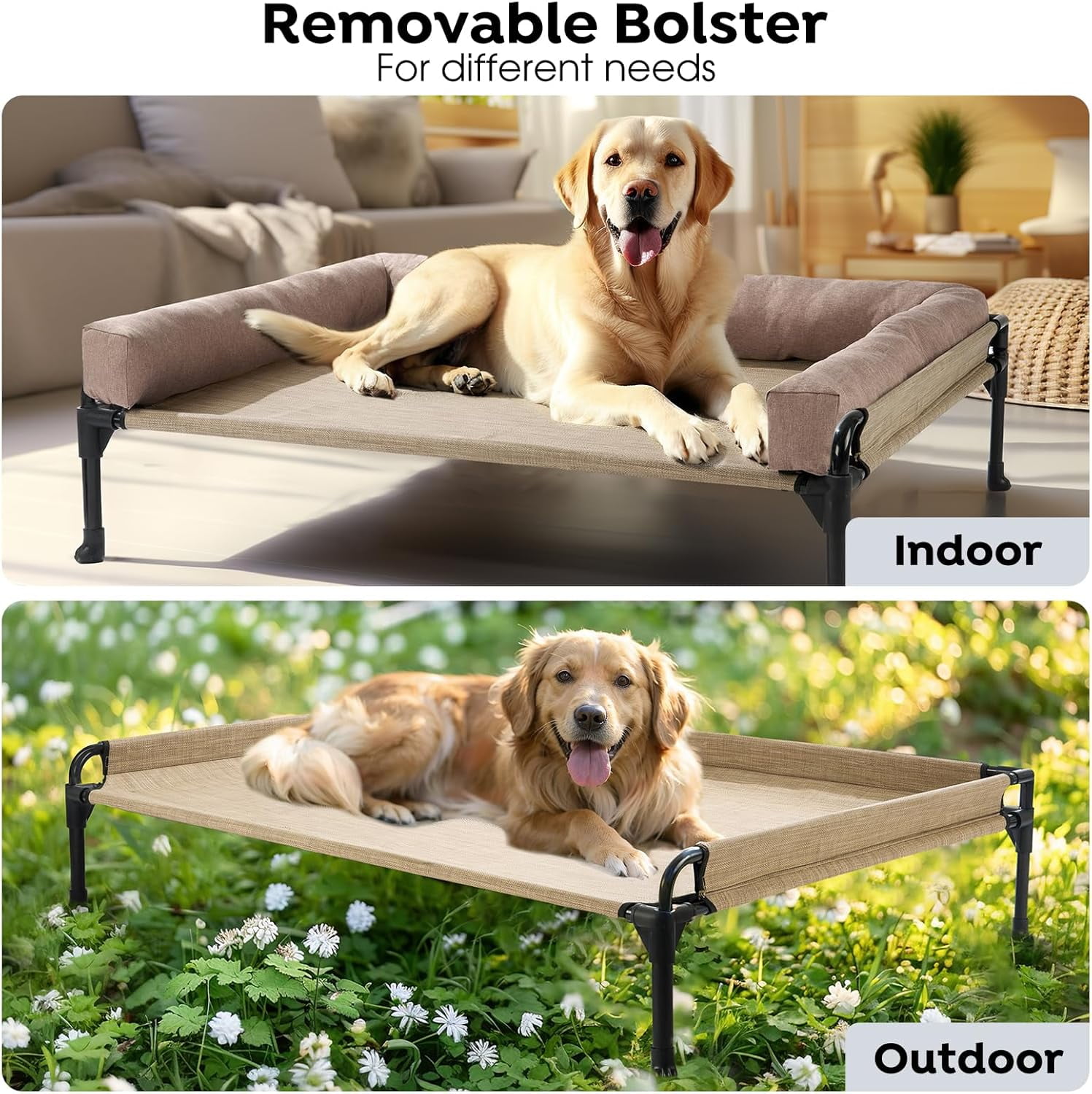 Elevated Raised Dog Bed-Cooling Outdoor Dog Cot Bed for Large Sized Dogs Three-Sided Fence Raised Pet Cot with Mesh & No-Slip Feet Dog Hammock Bed with Removable Bolster-47 x 29" Beige Coffee
