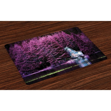 Spring Nature Table Lavender Placemats Set of 4 Purple Trees by a Lake with Blue Wooden Rustic Lakehouse Lodge Romantic Spring Nature, Washable Fabric Place Mats for Dining Room Kitchen Table Decor,Purple, by Ambesonne ()