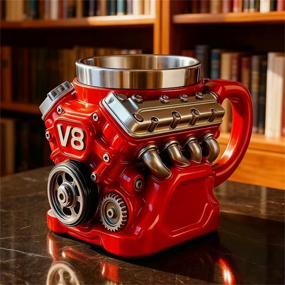 V8 Engine Coffee Mug, 350ml Retro Engine Coffee Mug, Double-walled Insulated Car Theme Handle Coffee Cup, a Unique Gift for Men, and Car Enthusiasts