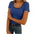 thumbnail image 3 of TAGOLD Womens Casual Summer Short Sleeve Tops Solid Color Ribbed Lace Slim U Neck Layering Tee, 3 of 5