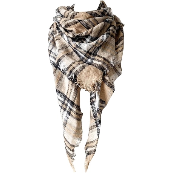 PinesC Womens Warm Long Shawl Winter Wraps Large Scarves Knit Cashmere Feel Plaid Triangle Scarf Plaid White Camel 33 Medium