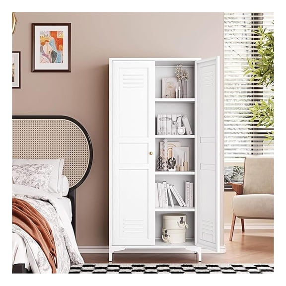 WDZS White Storage Cabinet with Feets-Metal Home Kitchen Pantry Cabinets with Doors and Adjustable Shelves,Organization Locker for Cupboard/Bedroom/Dining/Living/Bathroom/Office/Garage Room (White)