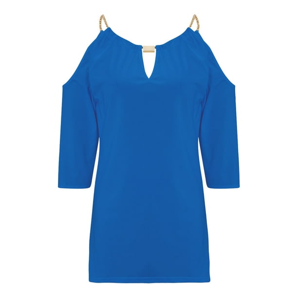 VISgogo - Camiseta informal de media manga para mujer, a la moda, de color sólido, con hombros descubiertos y cuello en V VISgogo moda