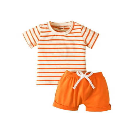 

Musuos Infant Two-piece Summer Clothes Suit Stripe Print Round Collar T-shirt and Drawstring Shorts 0-24 Months