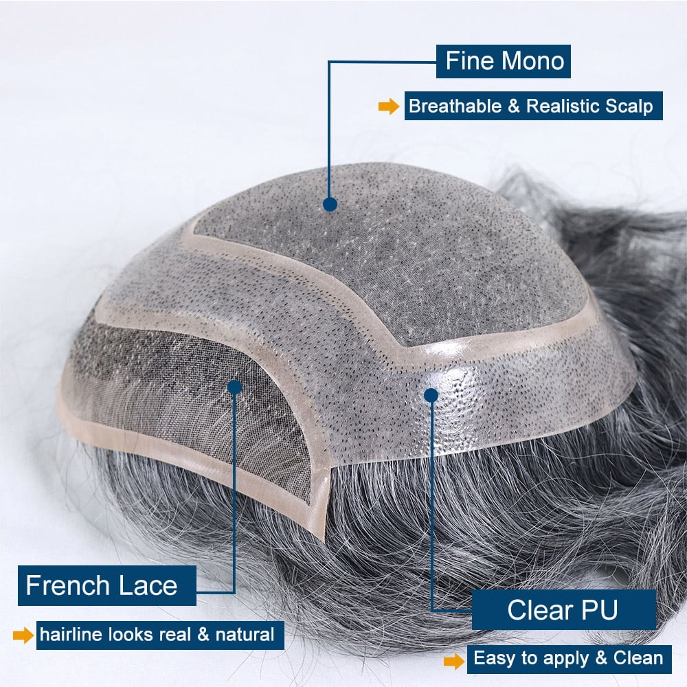 Hair Replacement System for Men Fine Mono with Poly PU Men's Toupee Wigs Human Hair 50% 1B OFF Black with 50% Synthetic Grey White Hair Toupee 10x8 Inch