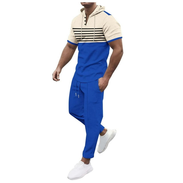 toraway Ensembles Courts pour Hommes 2 Pcs Tenues Automne Mode Décontractée Grande Taille Sports Extérieur à Capuche Rayé Manches Courtes Pantalon L
