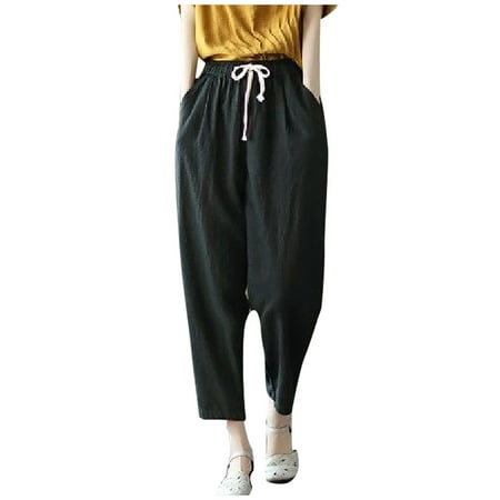 

YanHoo Women s Summer Trousers Linen Drawstring Elastic Waist Cropped Pants Solid Baggy Loose Harem Pants