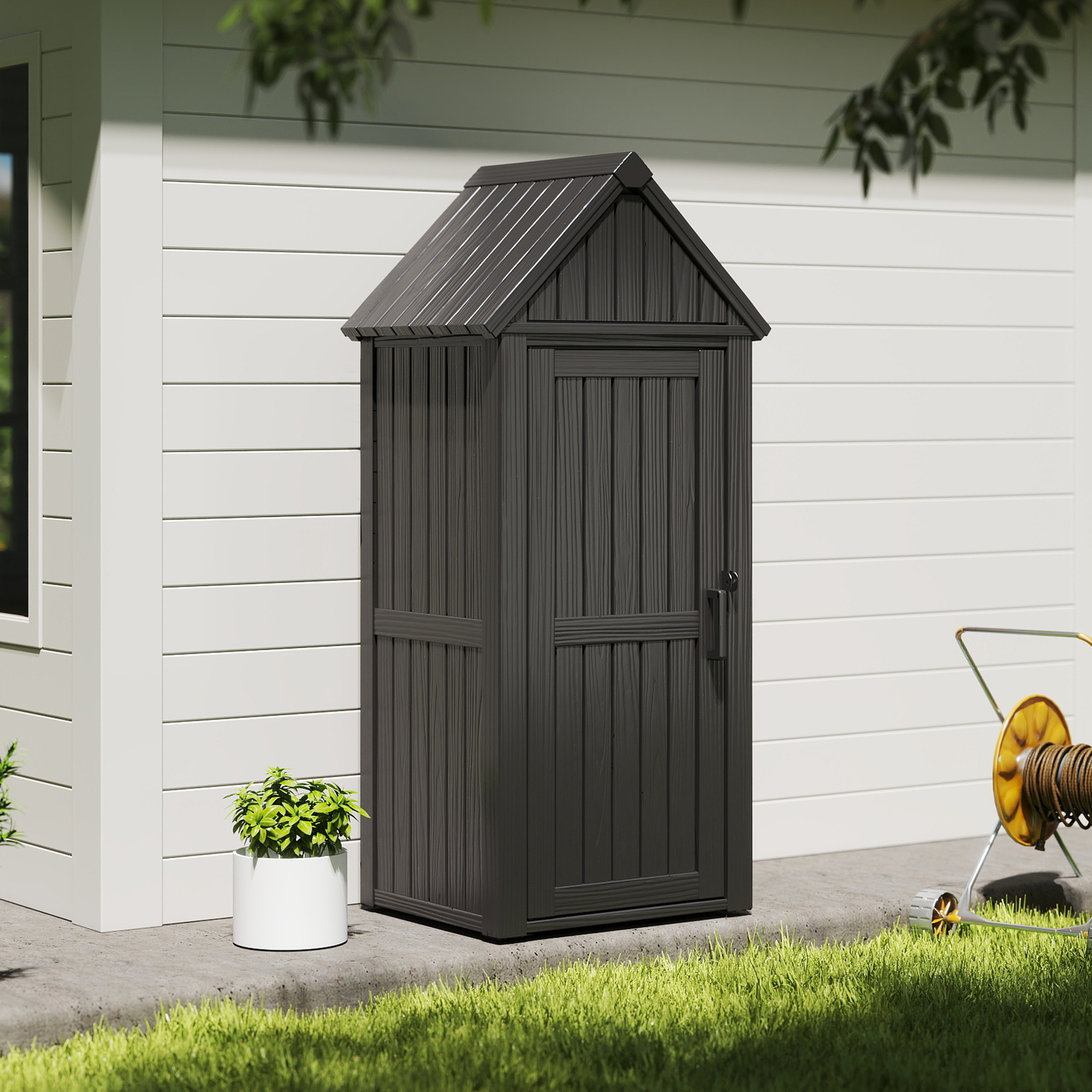 Outdoor Storage Shed, Waterproof Resin Garden Tool Shed, Heavy-Duty Weather-Resistant Cabinet for Patio, Backyard, or Garage