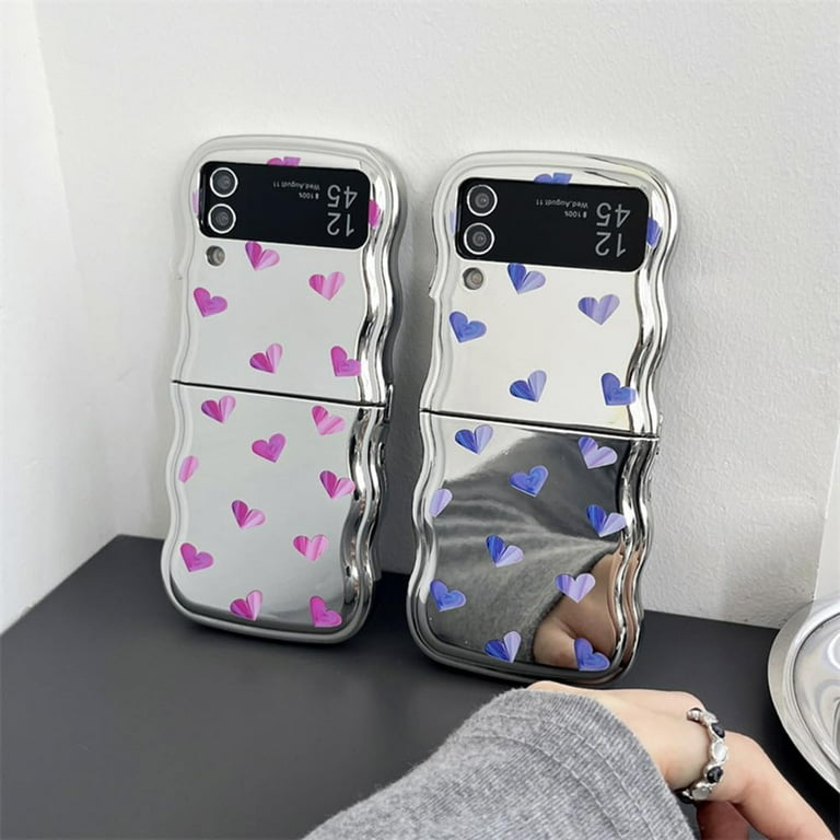 ★DESIGN SKIN★ Galaxy Z Flip 5 Heart Mirror Case Curly Wave Frame Case for Galaxy Z Flip 5 Cute Mirror Print