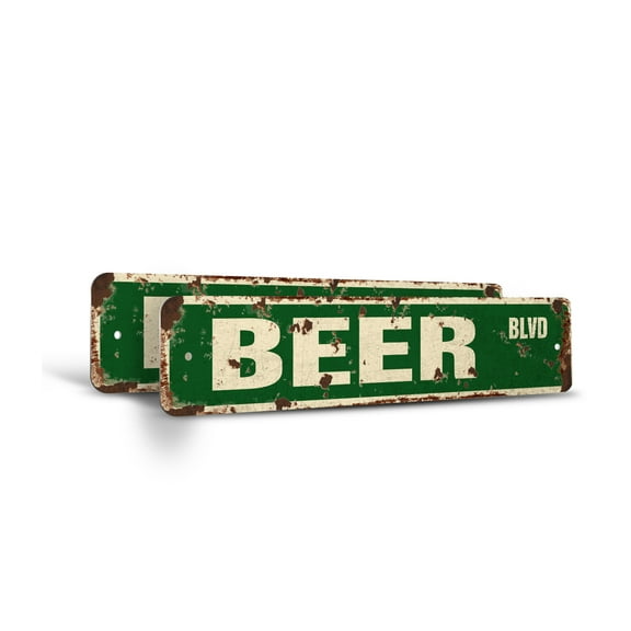 BEER Vintage Style Rustic Street Sign – (2 Pack) New Lover Drinker Road Funny Retro Decorative Wall Sign for Home, Bar, Garage, or Outdoor Use | 4" X 18" Plastic Road Sign