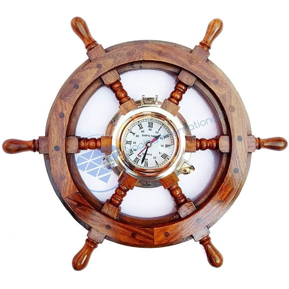 Nagina International Wood Crafted Nautical Solid Brass Porthole Time Clock Pirate Ship Wheel - Captain Maritime Beach Home Decor Gift (24 Inches)