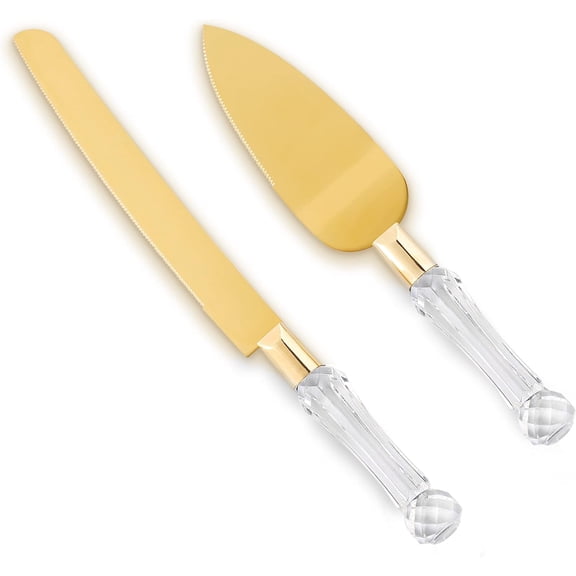 Homi Styles Wedding Cake Knife and Server Set | Plastic Faux Crystal Handles & 420 Stainless Steel Titanium Gold Plated Blades