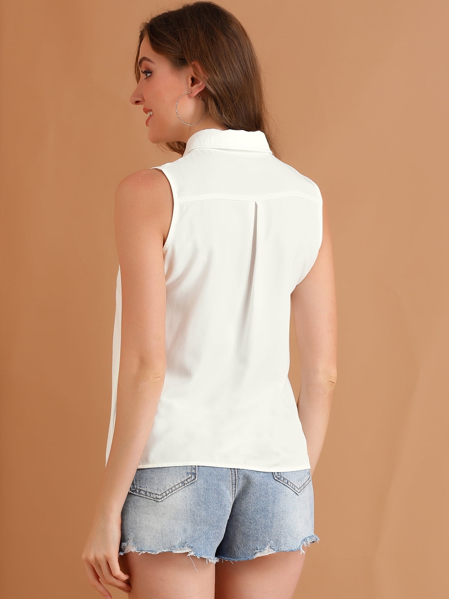 DARING DIVA Women's Single Breasted Point Collar Sleeveless Shirt XL Snow White