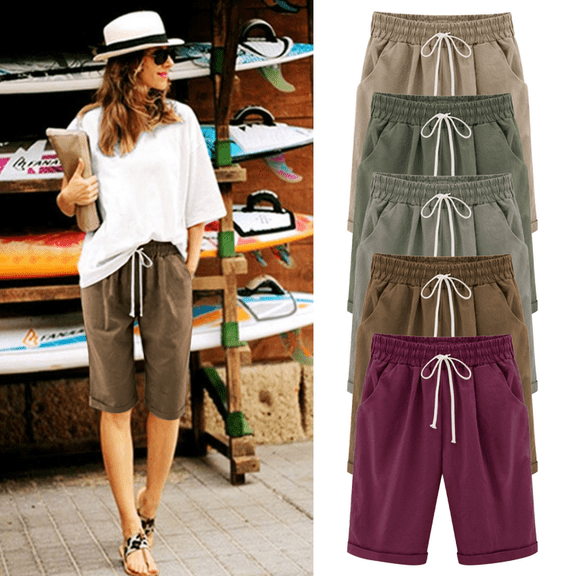 Bosfbaoi Women's Elastic Waist Summer Athletic Shorts Soft Knit Jersey Knee Length Bermuda Shorts with Drawstring