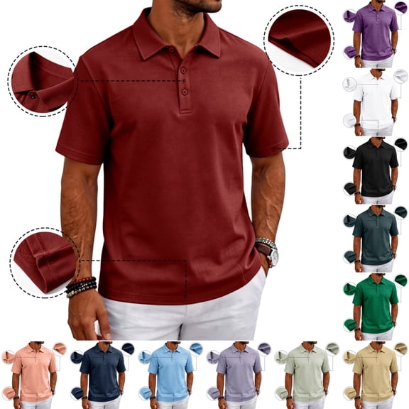 Polo Shirts for Men Cotton Pique Short Sleeve 3 Buttons Collared Golf Shirts 2026 Summer Business Casual Moisture Wicking Performance T-Shirt Wine XL