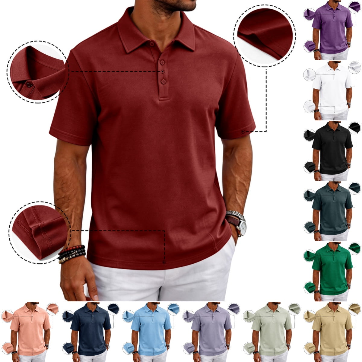 Polo Shirts for Men Cotton Pique Short Sleeve 3 Buttons Collared Golf Shirts Summer Business Casual Moisture Wicking Performance T-Shirt Wine XL