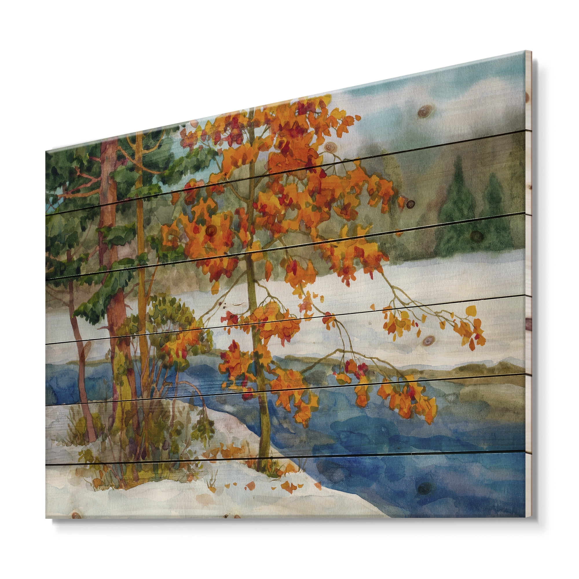 Designart 'Stream Through The Winter Forest I' Lake House Print on Natural Pine Wood