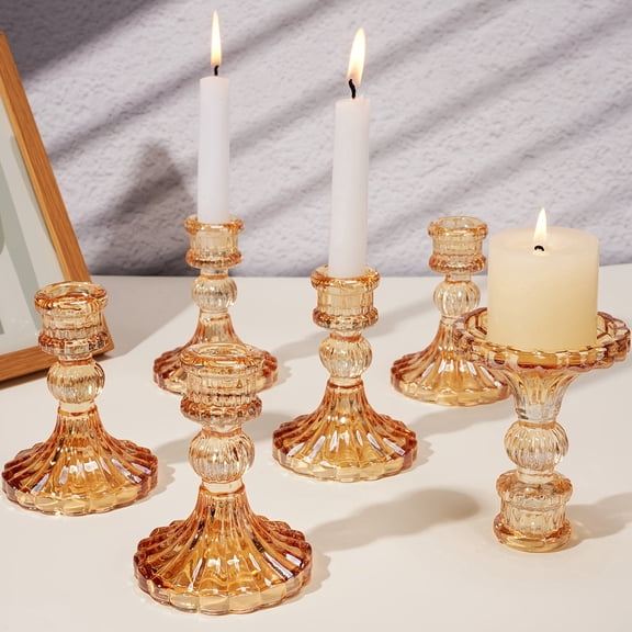 6 Pcs Amber Glass Taper Candle Holders Set-Elegant Vintage Glass Candlestick Holders, Decorative Candleholder Sets for Wedding Tables, Home Centerpiece Decor & Timeless Gift