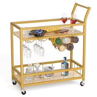 FirsTime & Co. Black and Brown Gardner Bar Cart, 2 Tier Mobile Mini Bar,  Kitchen Serving Cart and Coffee Station with Storage for Wine and Glasses