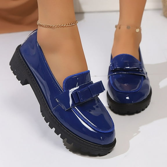 Womens Blue Chunky Sole Loafers - Bow Detail Glossy PU Slip-Resistant Comfortable Versatile Shoes for Office & Campus,Size 43
